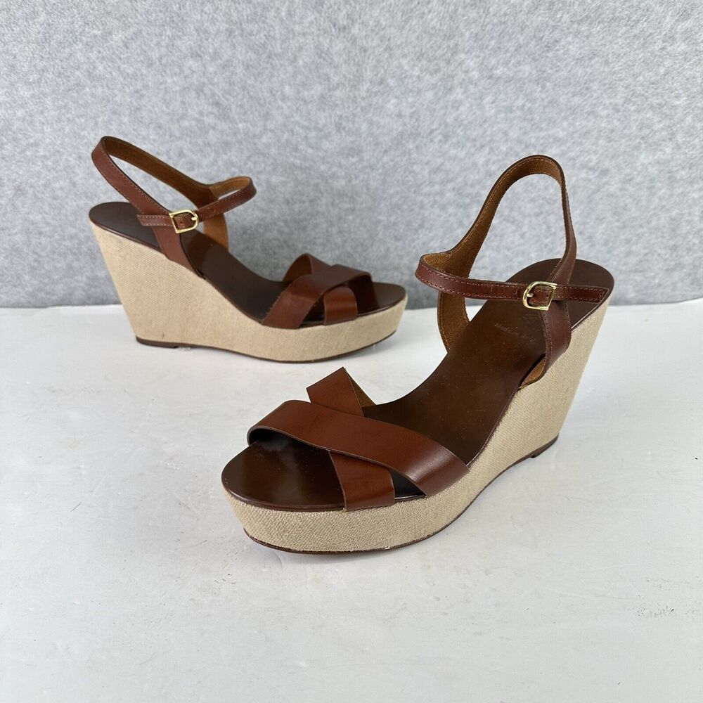 J. Crew Lila Platform Wedges Sandals Shoes Ankle Strap Leather Brown Sz 11 Italy